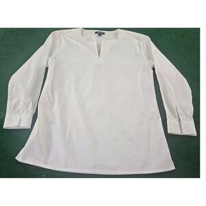 Lands End White Tunic Top Size 10 V Neck Long Sleeve Button Cuff